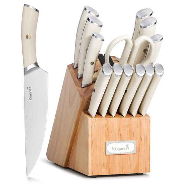 Kuisine Modern Design 15-Piece Stainless Steel ABS Handle Dishwasher Safe Kitchen Knife Block Set with Built-In Sharpener
